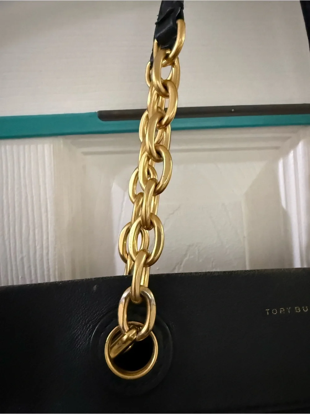 Tory Burch Black Quilted Leather Tote with Gold Chain Straps